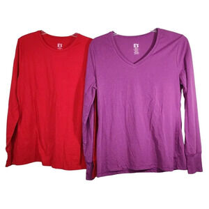 Lot Of 2 Its Fashion Purple Red VNeck Crewneck Long Sleeve T-Shirt Women Size XL